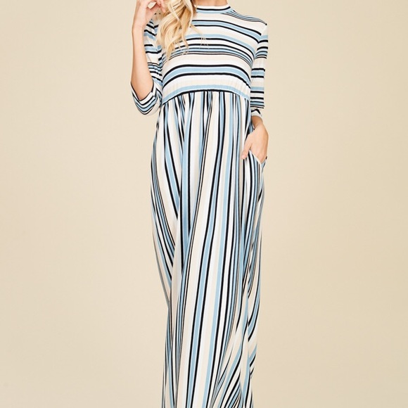 Annabelle Maxi Dress Striped White Blue Black Empire Waist Size S NWT - Picture 3 of 9